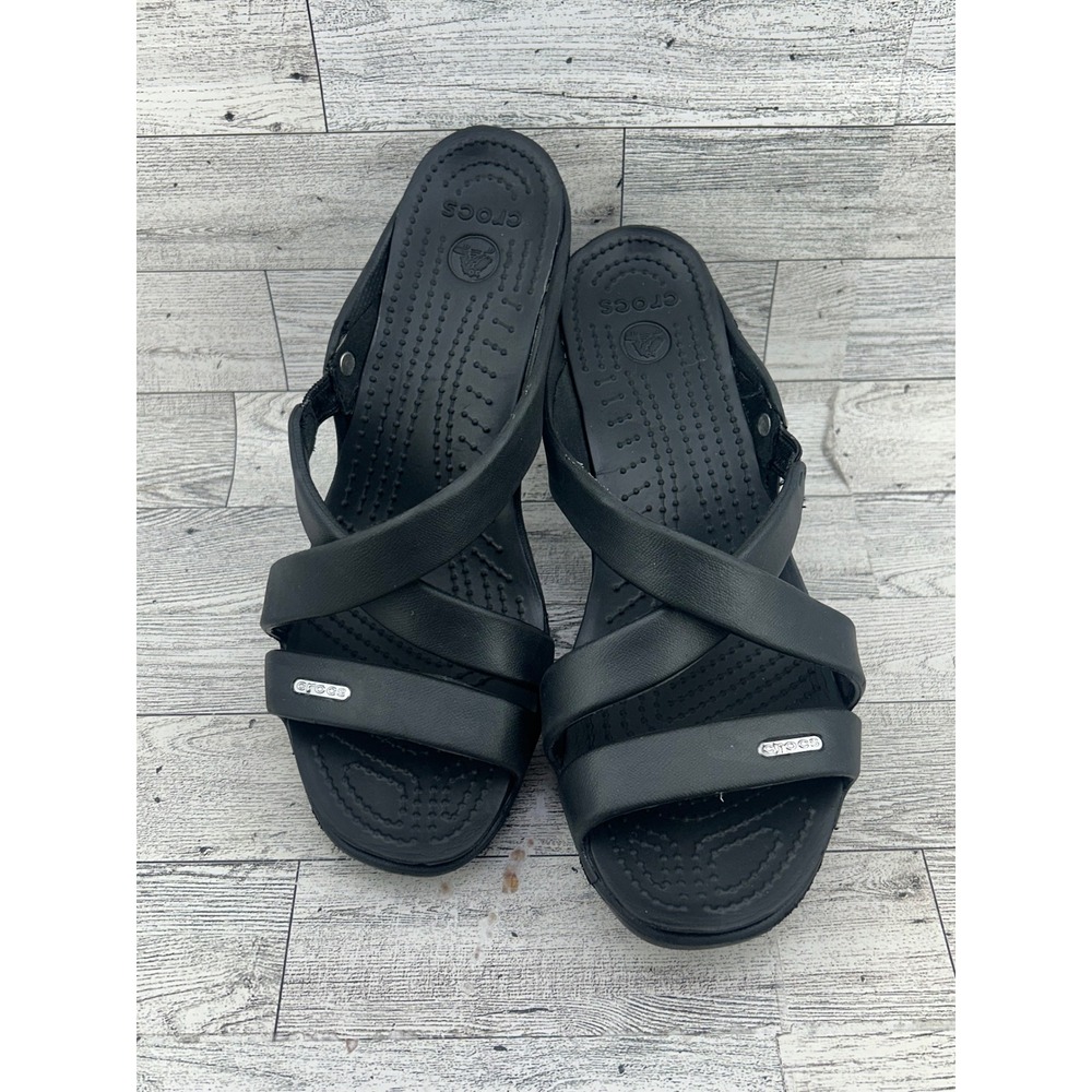 Crocs Cyprus IV Black Strappy High Heel Sandals Mules Women Size 8 14558